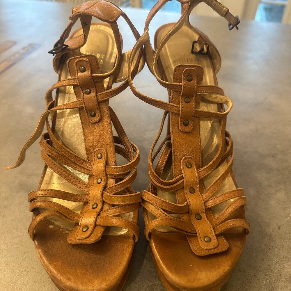 Stuart Weitzman Strappy platform leather sandals with wood heels. Size 9.